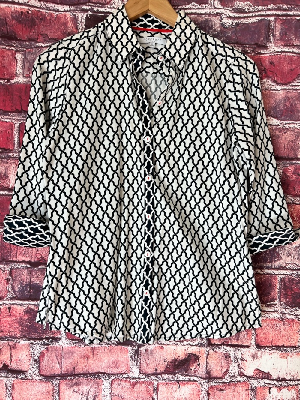 Foxcroft Charlie Non Iron Navy Geometric Button Down Blouse